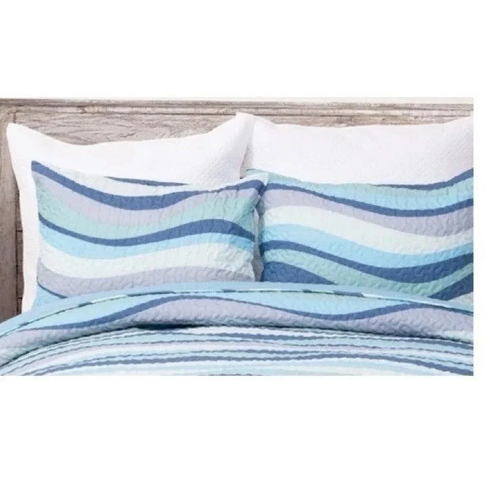 Sea Waves Blue White Quilt Set Twin Ocean Reversible Coastal Comforter Shams